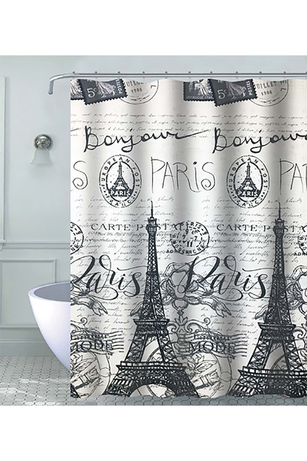 Piece Bonjour Paris Shower Curtain Set White