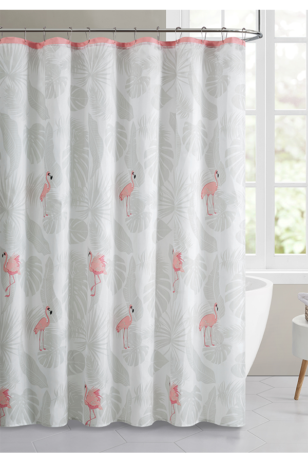 Piece Flamingo Print Shower Curtain Set Grey$.