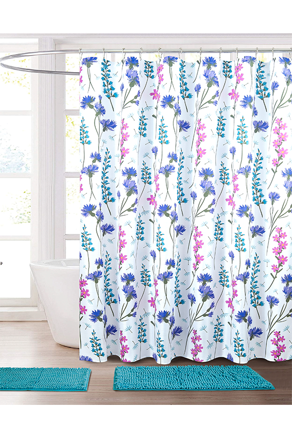 Piece Botanical Print Shower Curtain & Rug Set Teal $.