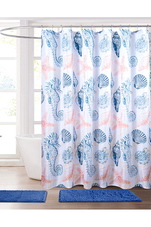 Piece Coastal Print Shower Curtain & Rug Set Blue $.