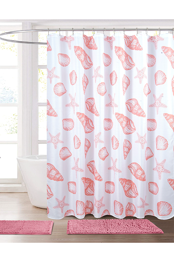 Piece Coastal Print Shower Curtain & Rug Set Coral $.