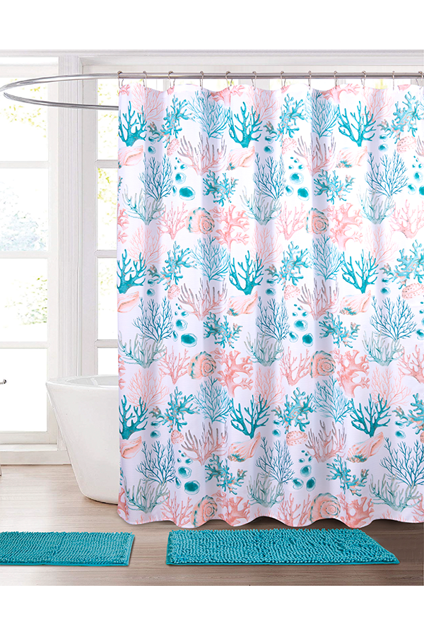 Piece Coastal Print Shower Curtain & Rug Set Teal $.