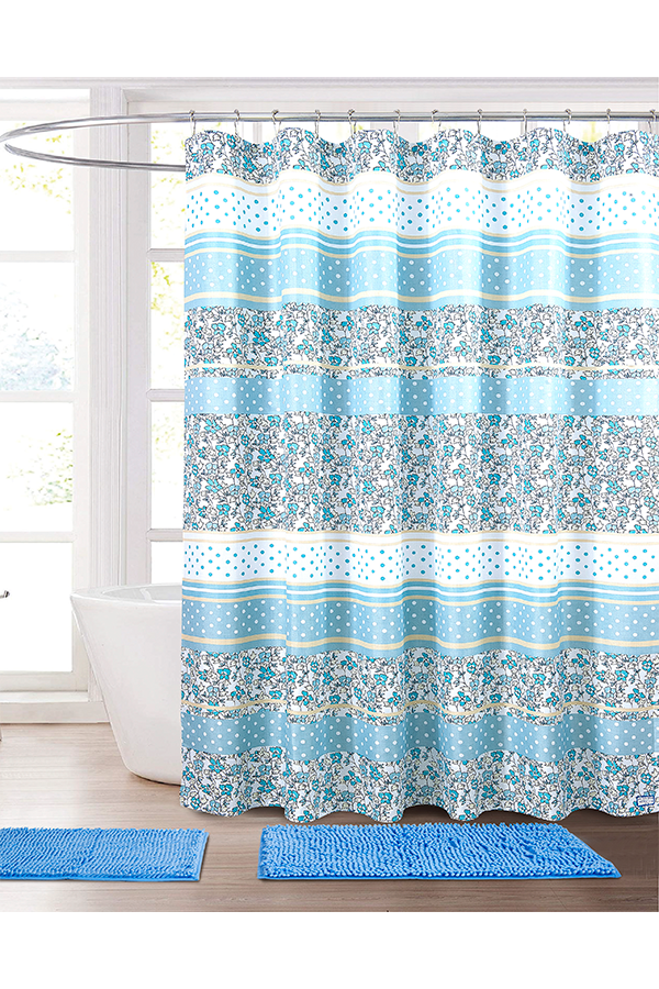 Piece Floral Print Shower Curtain & Rug Set Blue $.