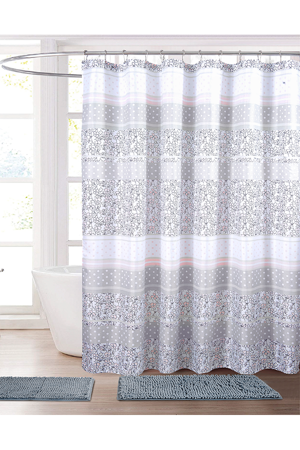 Piece Floral Print Shower Curtain & Rug Set Grey $.
