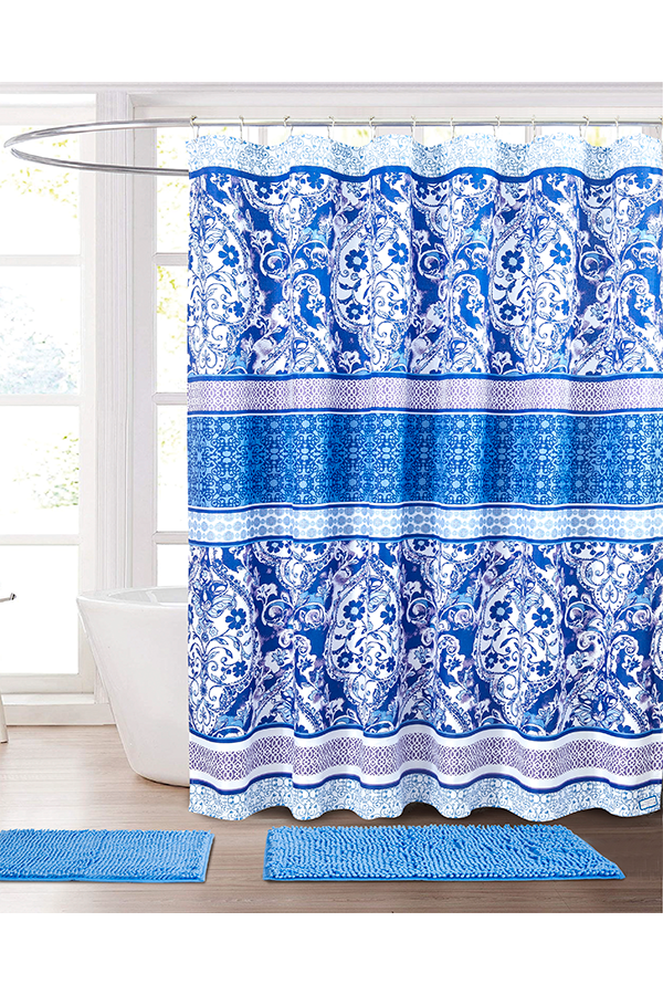 Piece Paisley Print Shower Curtain & Rug Set Blue $.