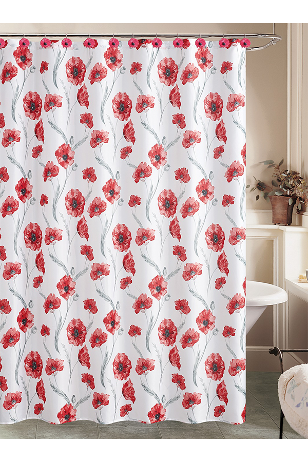 Piece Red Floral Print Shower Curtain Set with Resin Hooks $.